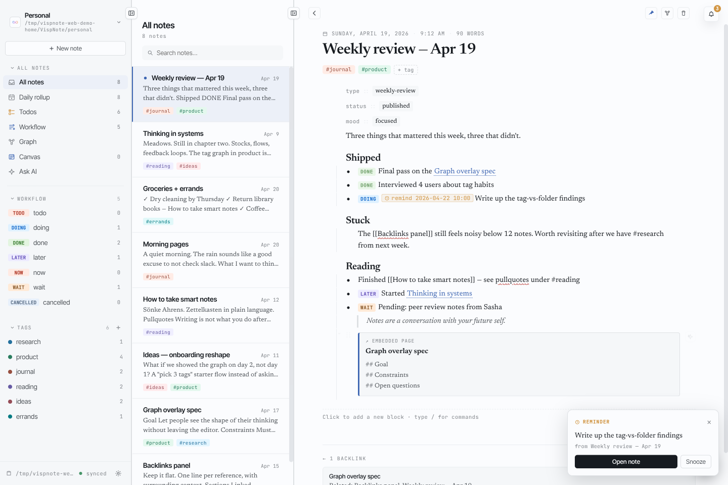VispNote desktop app showing a seeded Personal vault, note list, tags, reminders, and the block editor.