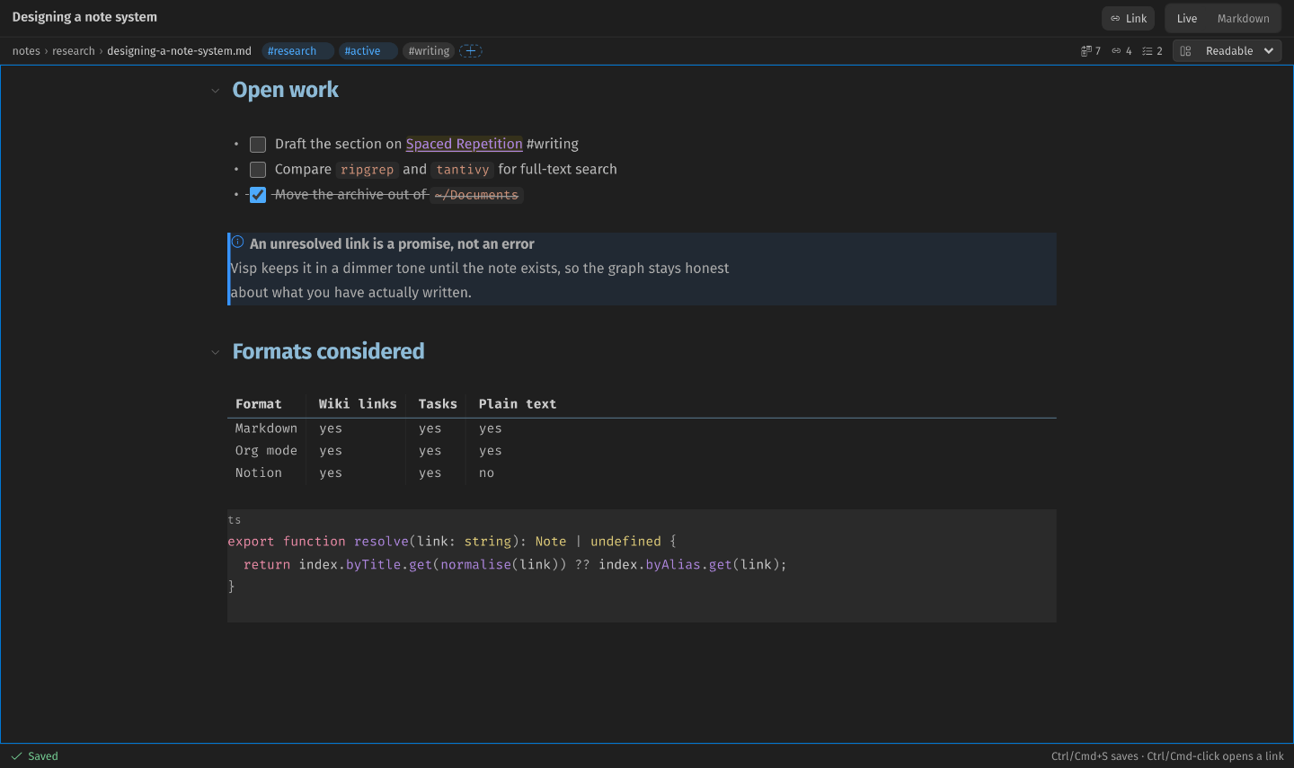 A note in Live mode showing a rendered callout with an accent bar, a table with aligned columns, and a fenced code block with a language label.