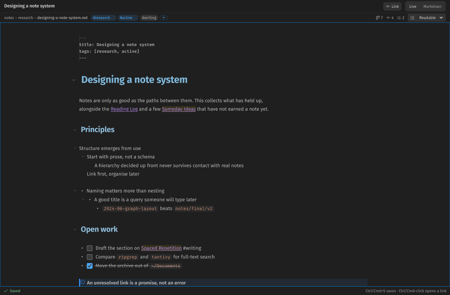 The Visp Notes editor in Live mode showing a note titled Designing a note system, with frontmatter as a property block, nested outline items with fold controls, wiki links, and checkbox tasks.